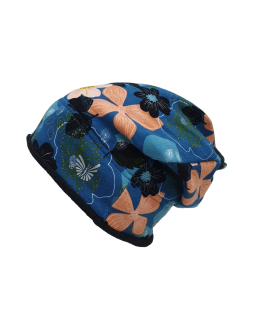 Dětská zimní čepice spadená Květy petrol. Teplá zimní čepice je kvalitní handmade výrobek od ESITO.