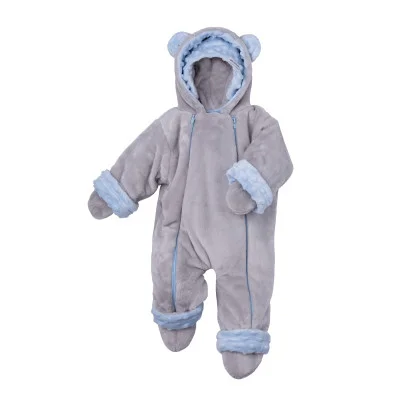 Zimní kojenecký overal Minky Teddy Blue náhled na komplet s rukavicemi, bačkůrkami a čepicí od českého výrobce oblečení Esito.