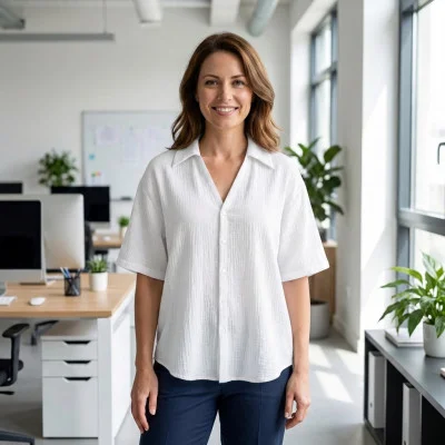 Dámská mušelínová košile Tereza White ilustrační live foto od českého výrobce módy pro děti a dospělé Esito.