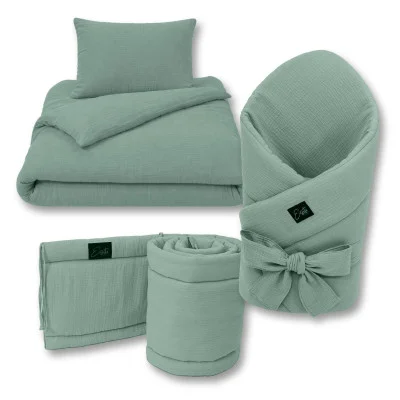 Luxusní dětské povlečení mušelín Olive náhled na celou sadu do postýlky od českého výrobce Esito.