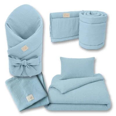 Luxusní dětské povlečení mušelín Blue náhled na celou sadu do postýlky od českého výrobce Esito.