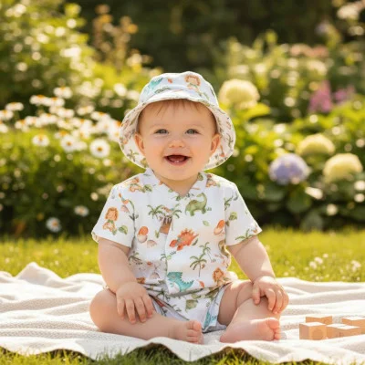 Letní overal pro miminko mušelín Dino baby ilustrační live foto od českého výrobce oblečení Esito.