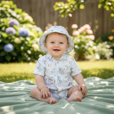 Letní overal pro miminko mušelín Koala ilustrační live foto náhled na komplet s kloboukem od českého výrobce Esito.