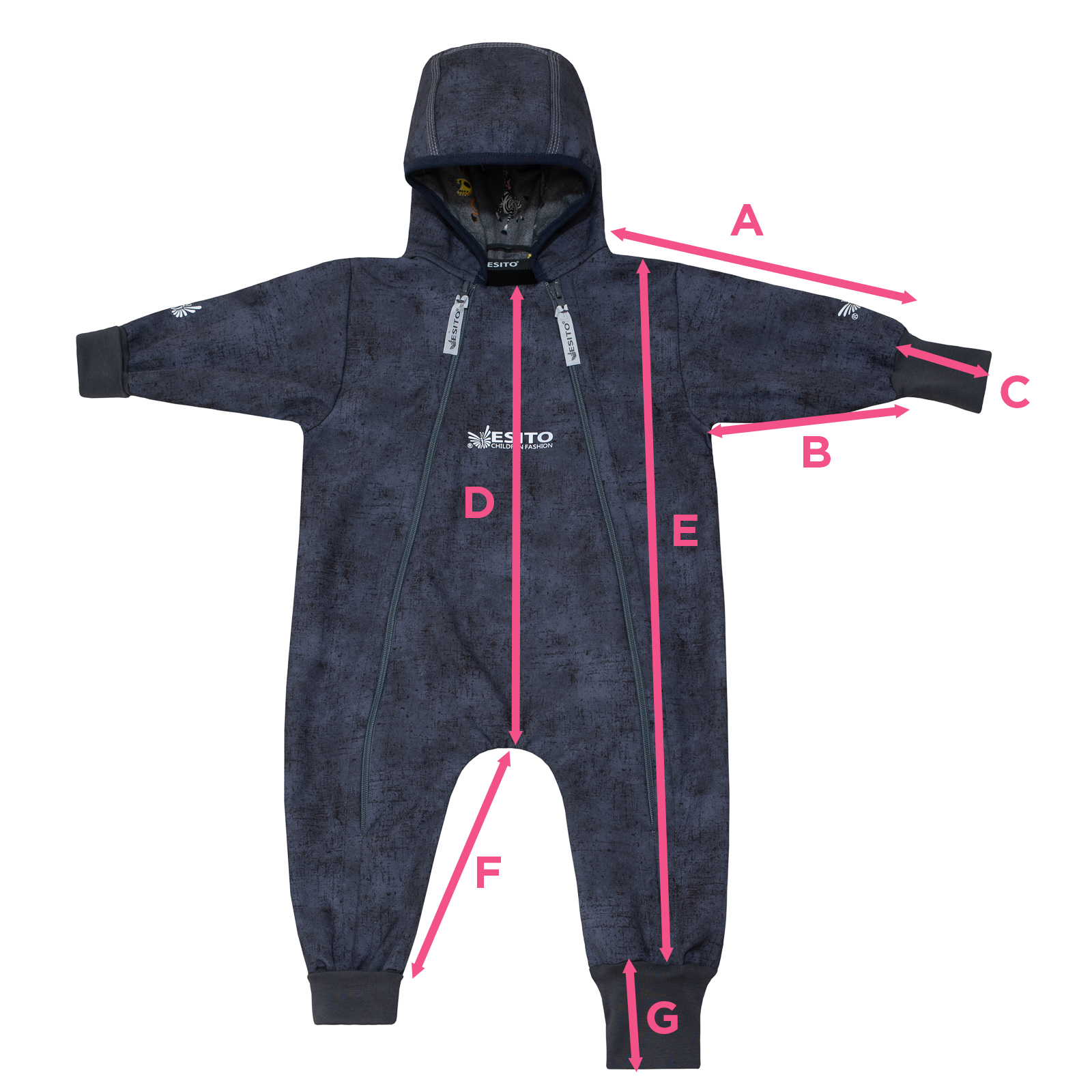 Velikostní tabulka dětská softshellová kombinéza ESITO.
